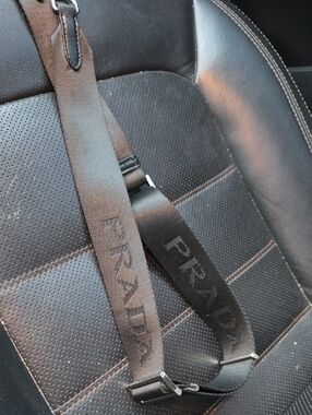 Prada Black Woven Logo Adjustable Shoulder Strap With Metal PRADA Engraved Clips